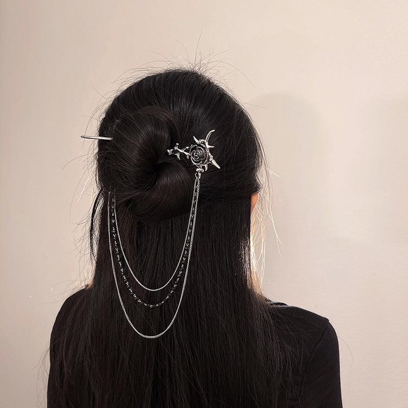 Designer Vintage Silver Thorny Rose Hairpin with  Black Beads Chain