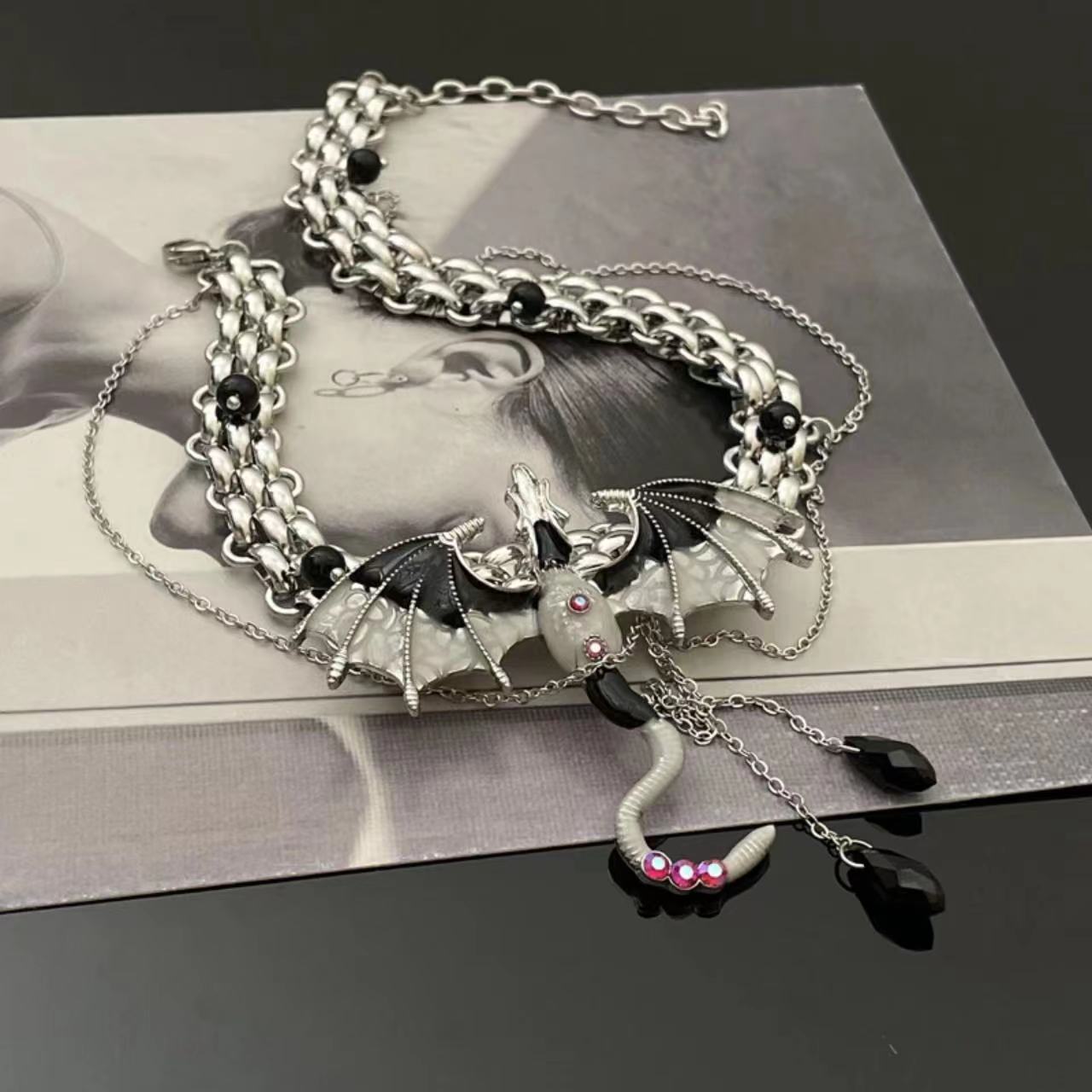 Punk Silver Fly Dragon Rhinestone Tassel Choker Necklace