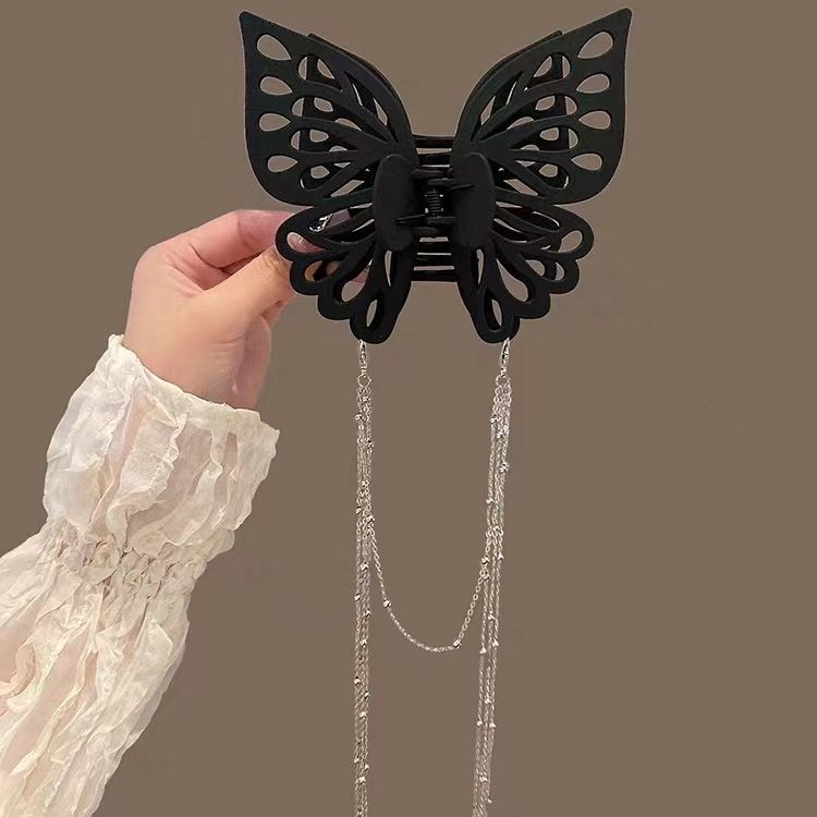 Black Gorgeous Large Resin Butterfly Hair Pin with Long Tassel