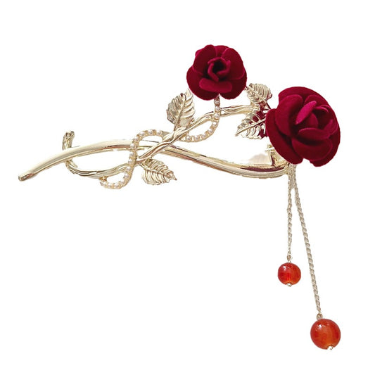 Women Romantic Red Rose Tassel Hair Pin