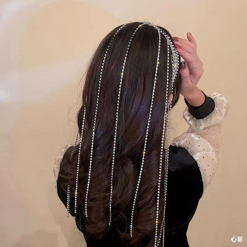 Women Shining Rhinestone Long Tassel Hair Clasp