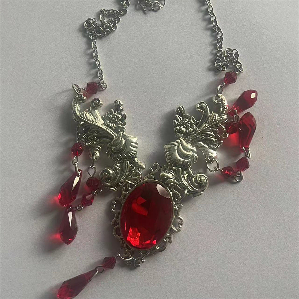 Gothic Style Red Rhinestone Flower Choker Necklace