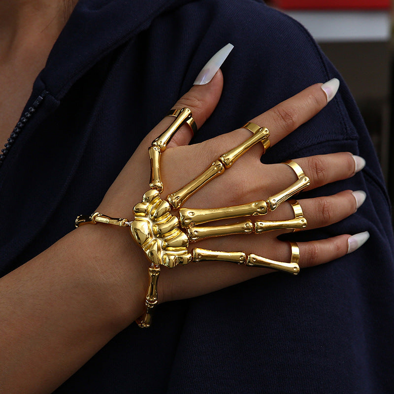 Men/ Women Punk Hand Bone Bracelet with Ring Skull Fingers Wristband Ghost