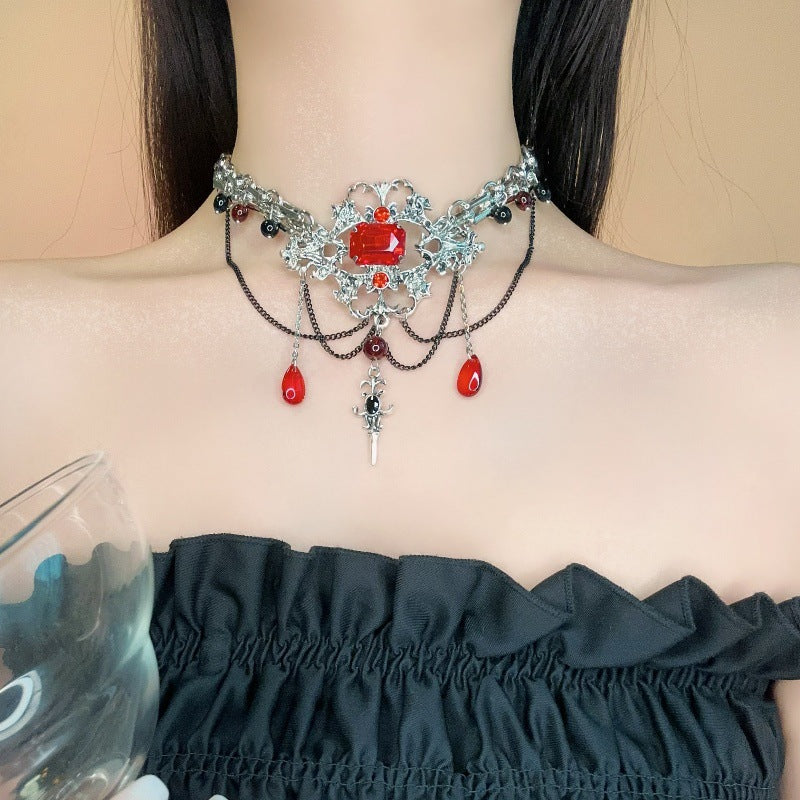 Y2K Gothic Red Rhinestone Beads Choker Necklace