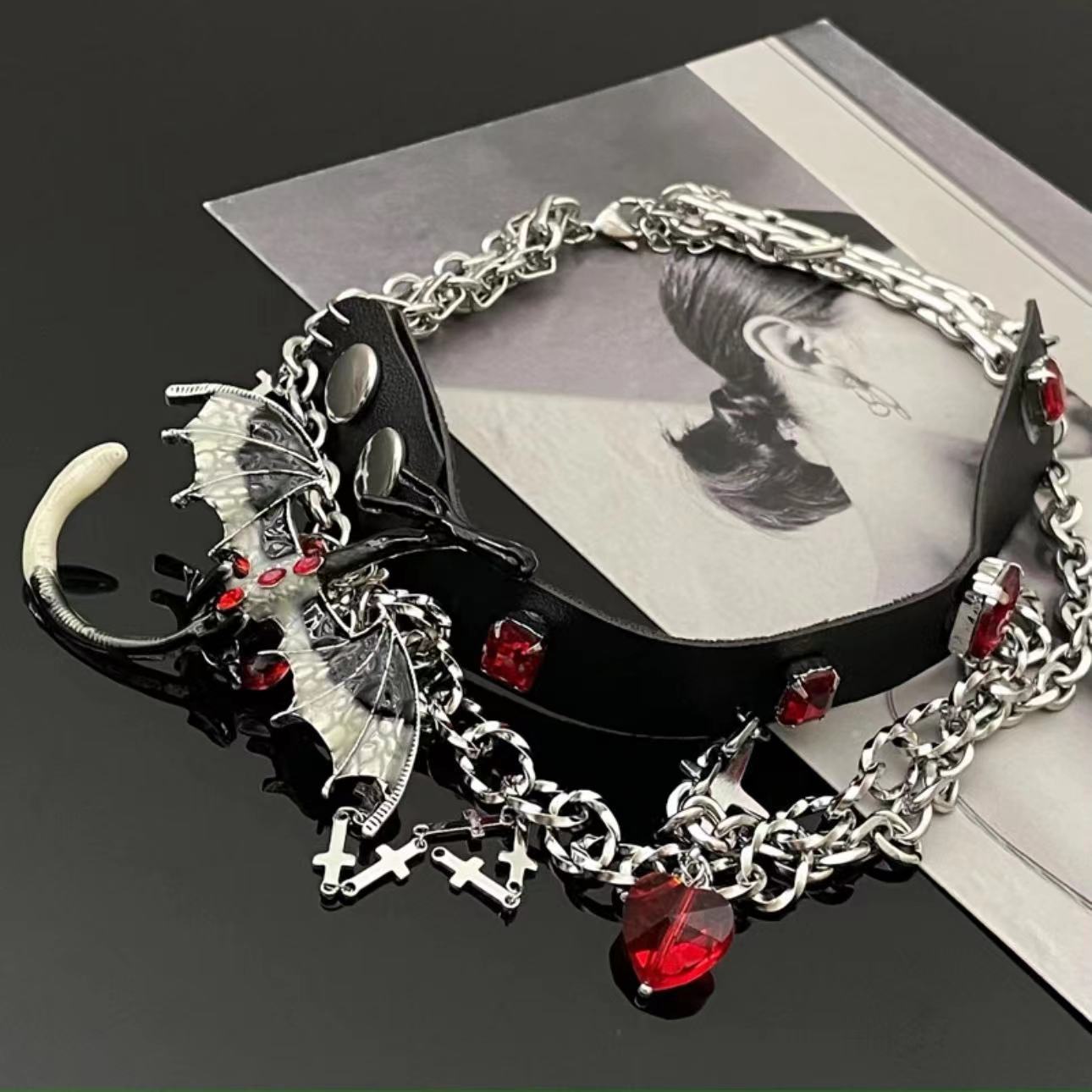 Gothic Fly Dragon Red Rhinestone Tassel Leather Choker Necklace