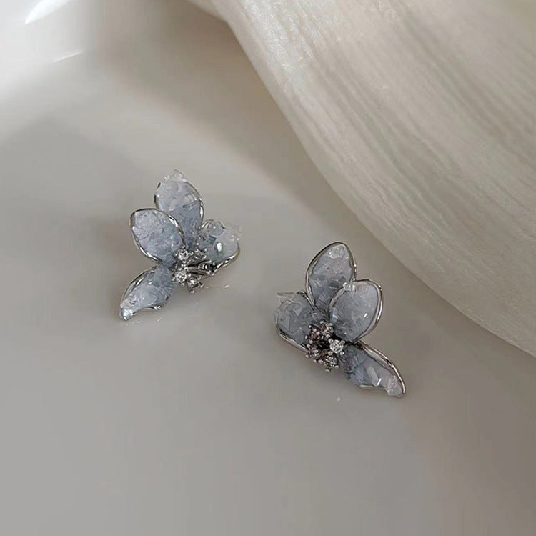 Elegant Crystal Blue Butterfly & Flower Stud Earring