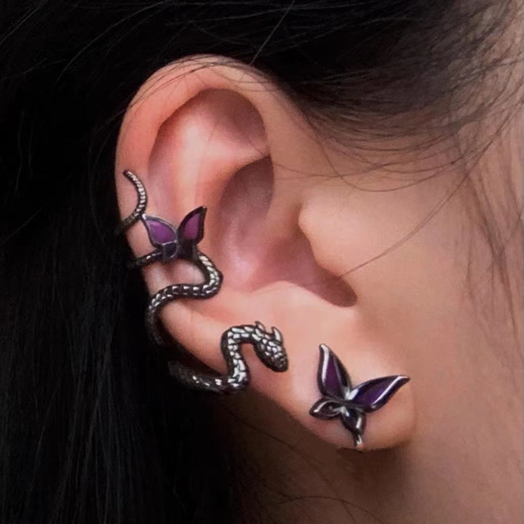 Premium Purple Butterfly Snake Asymmetrical Earrings