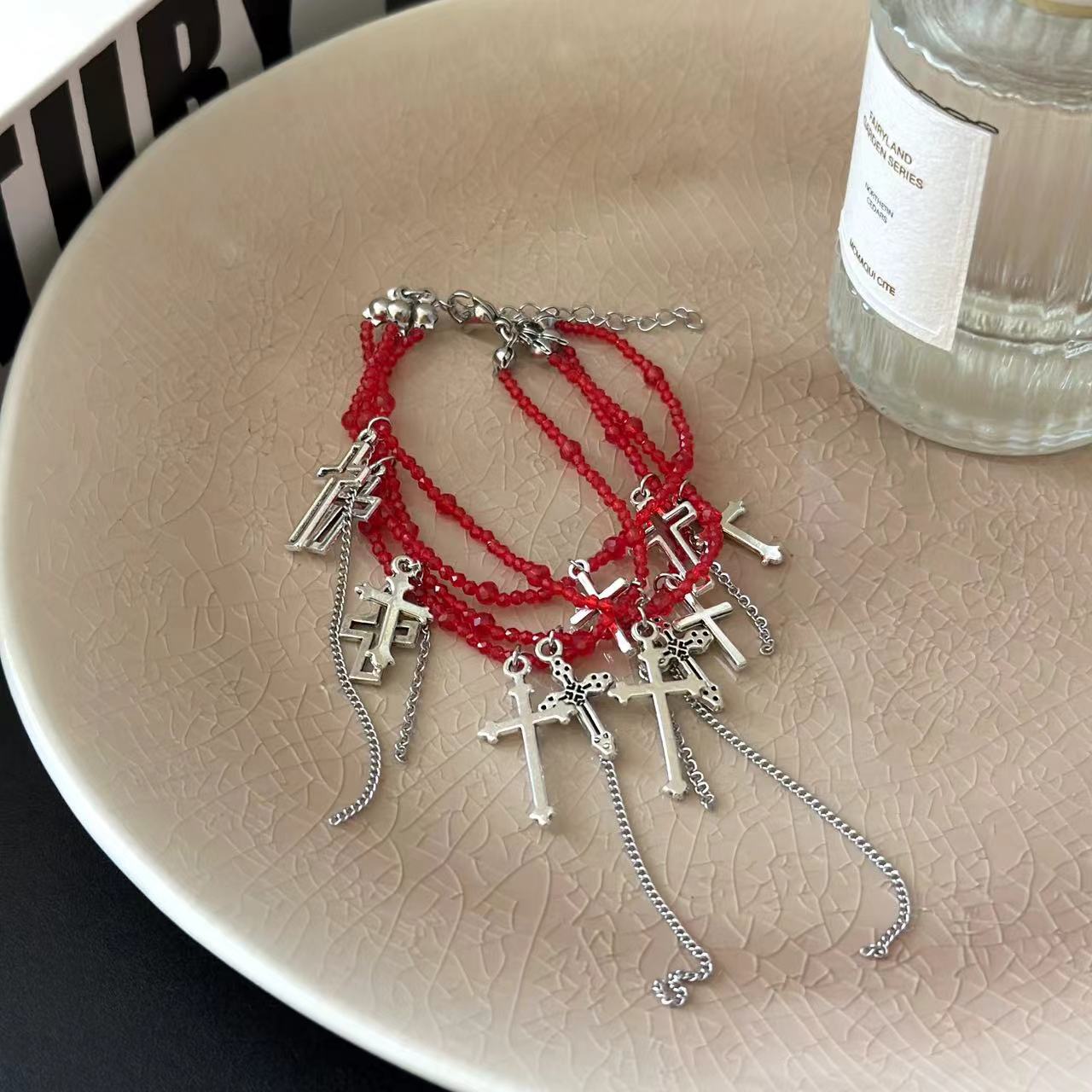 Gothic Bracelet Red Cross Choker Necklace & Bracelet