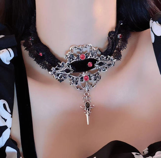 Gothic Punk Black Velet Red Rhinestone Choker