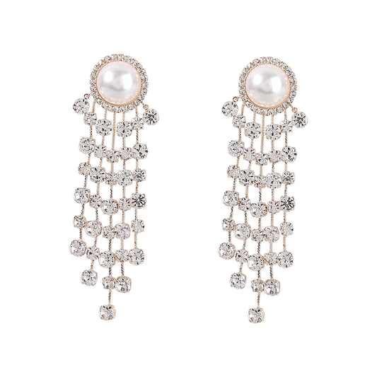 Designer Pearl Rhinestone Long Tassel Earrings