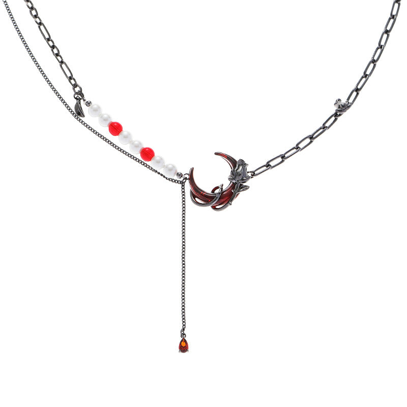 Dark Red Half Moon & Black Rose Pearl Tassel Necklace