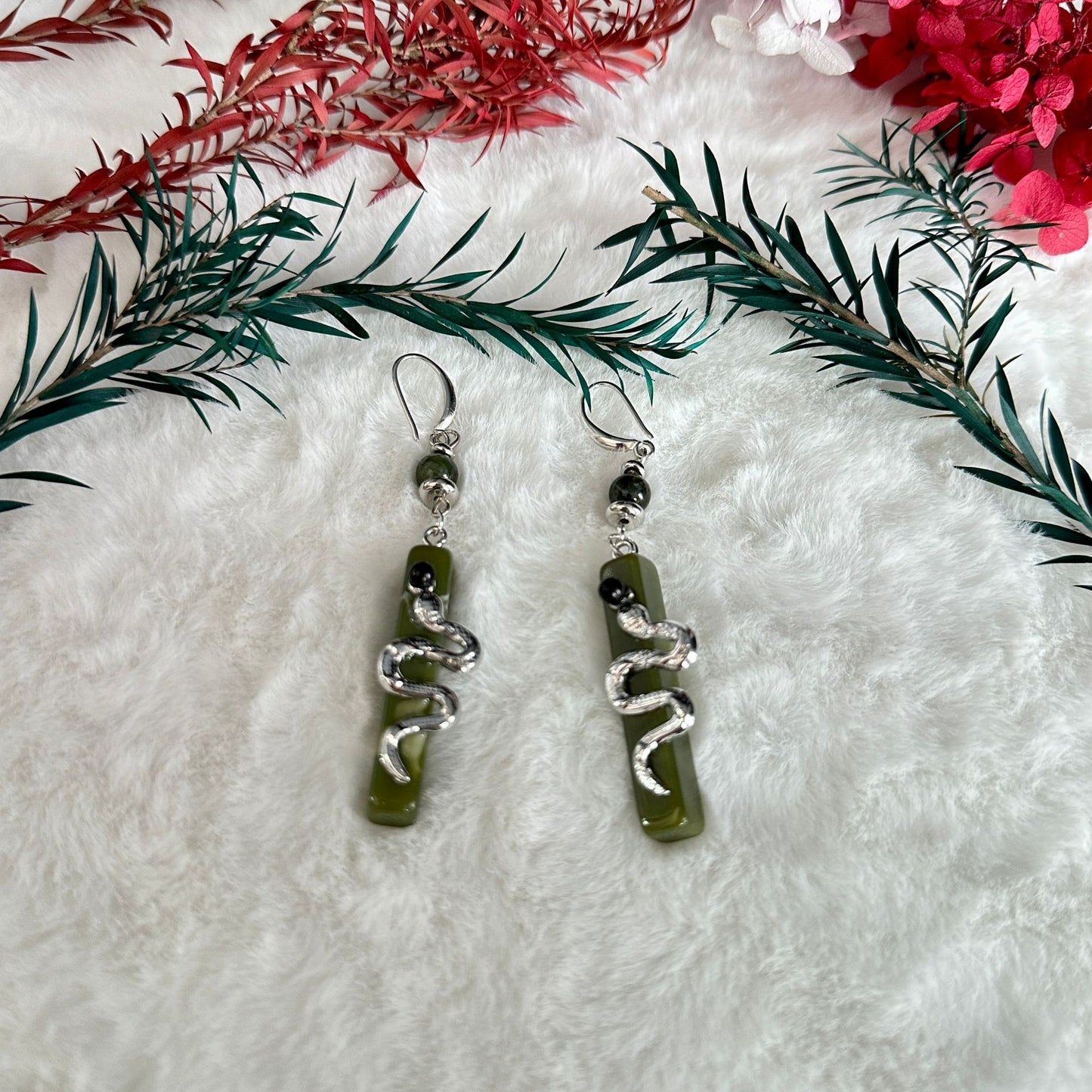 Vintage Green Spirit Snake Pearl Earrings