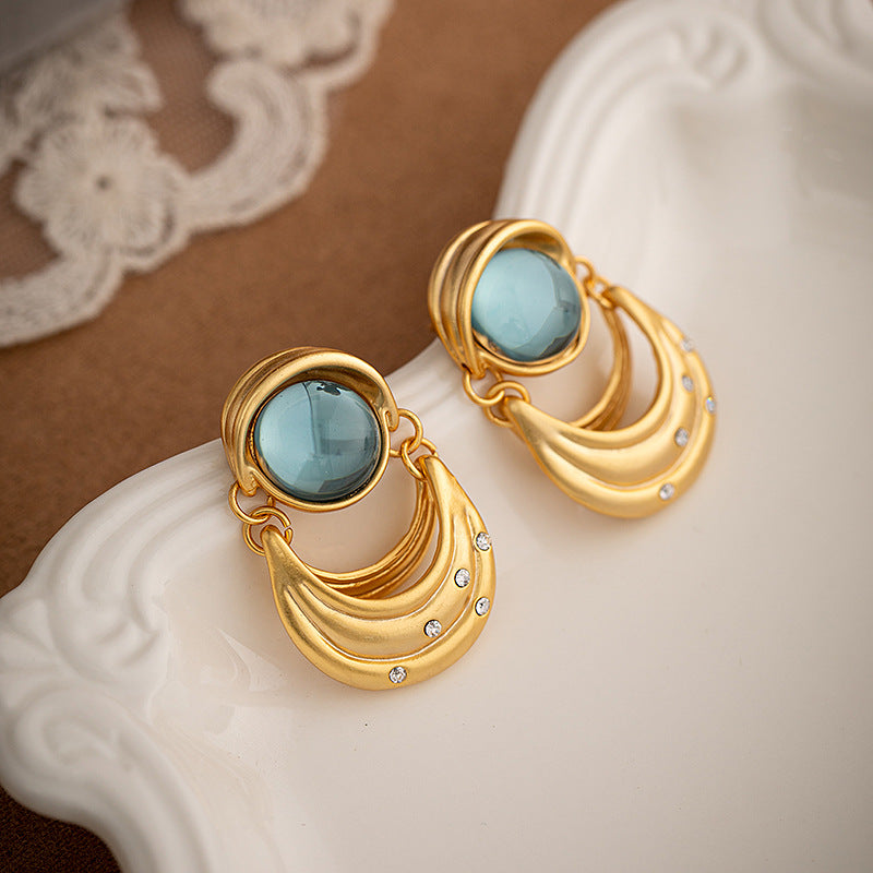 Vintage Gold & Blue U-shaped Rhinestone Earrings