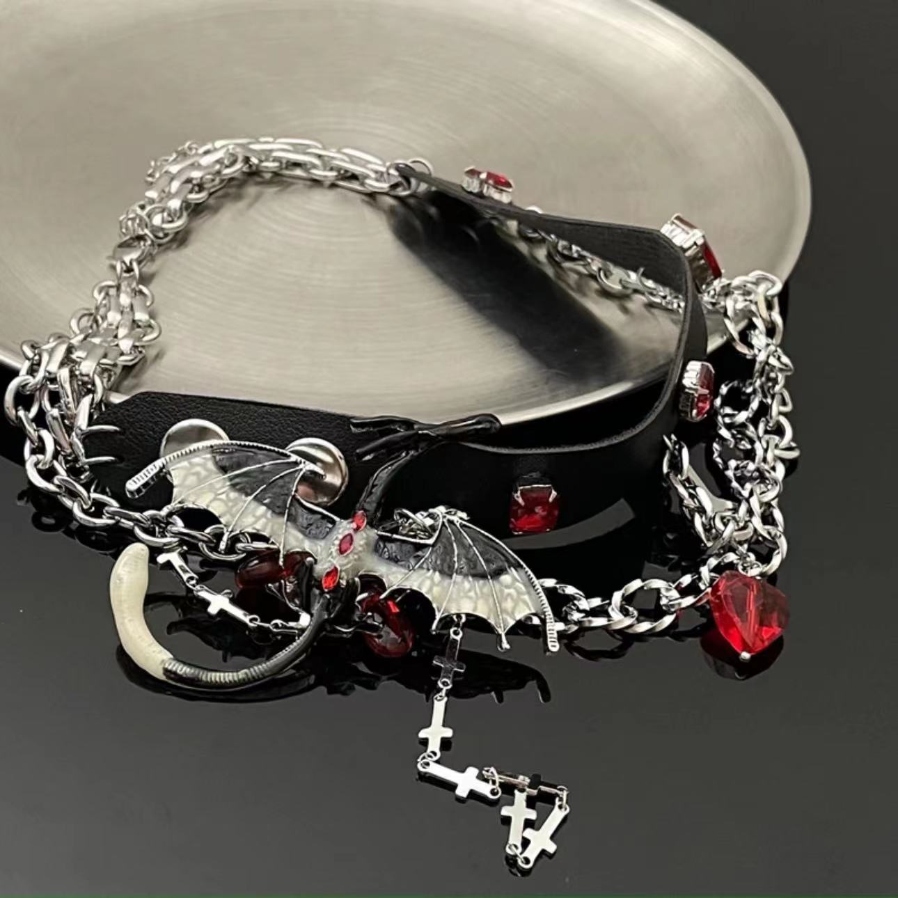 Gothic Fly Dragon Red Rhinestone Tassel Leather Choker Necklace