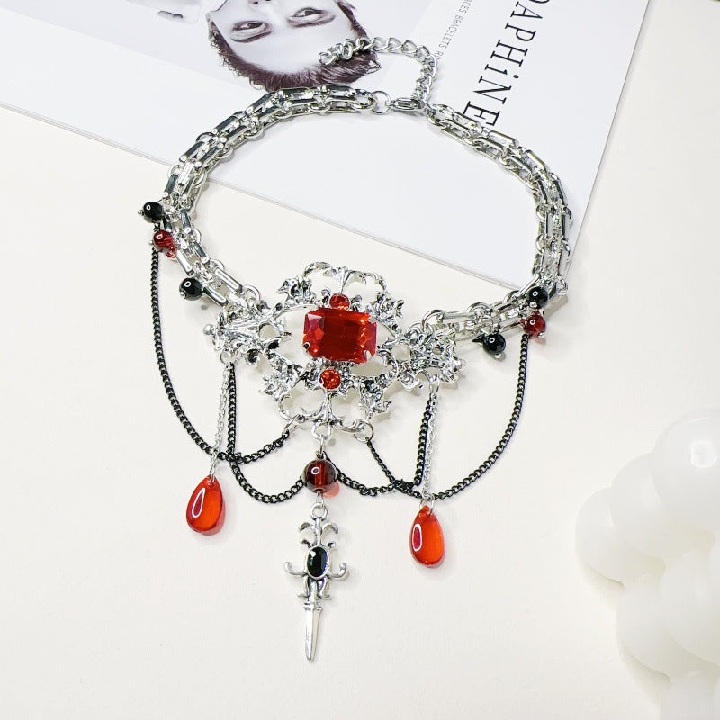 Y2K Gothic Red Rhinestone Beads Choker Necklace