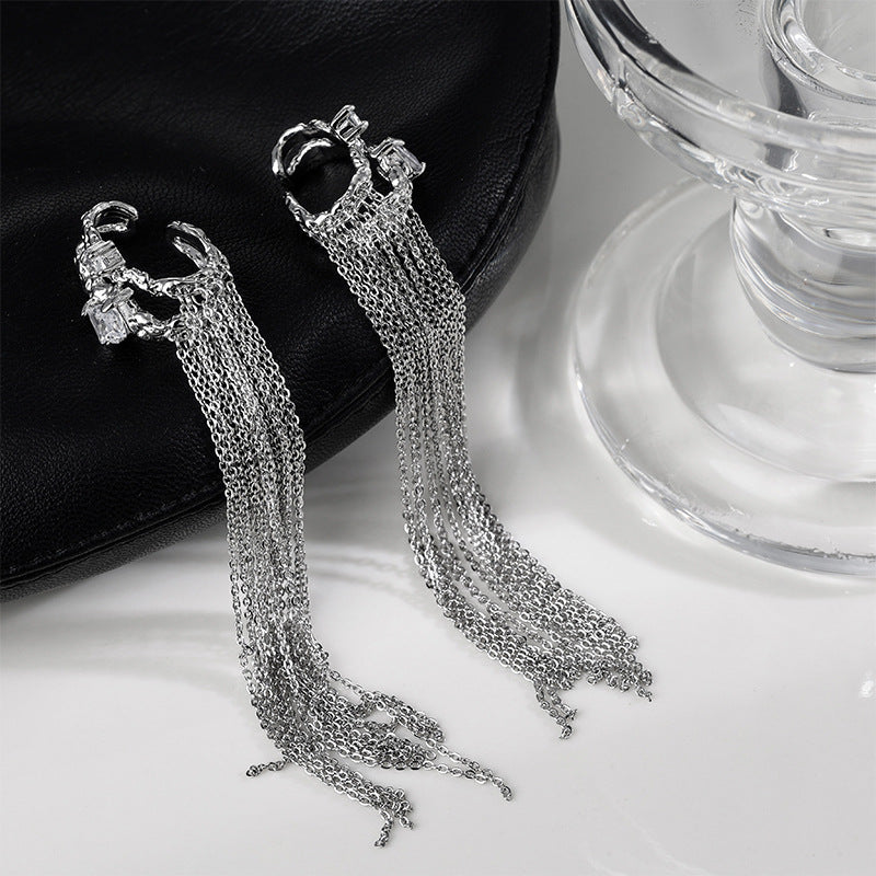 Silver Women Rhinestone Long Tassel Ear Cuff(no ear piercing)