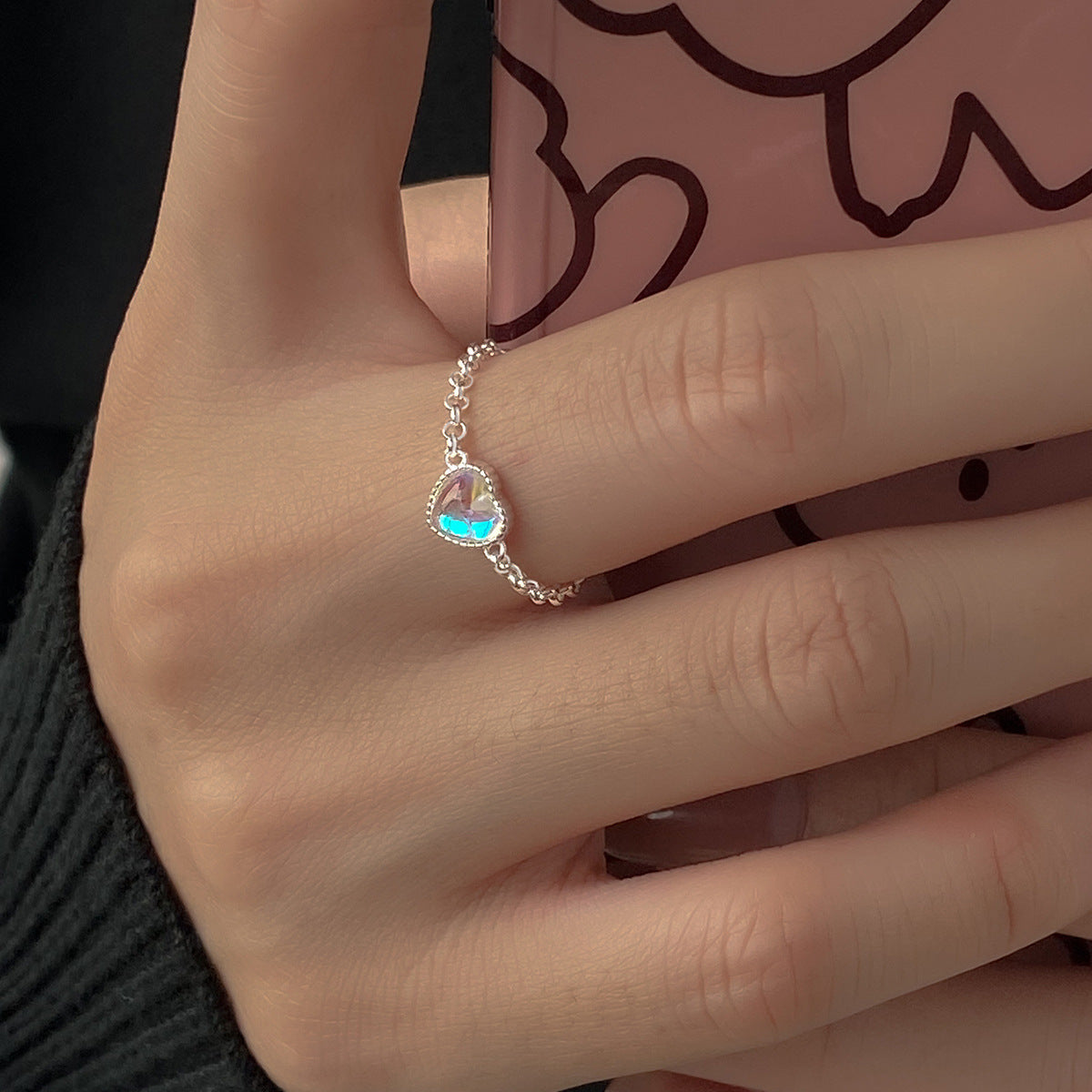 Heart-shaped S925 Silver Moonstone Silver Chain Ring