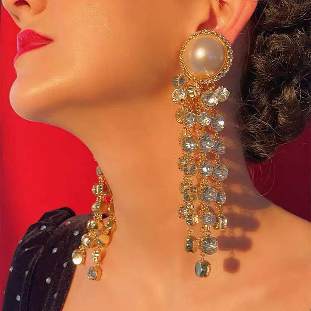 Designer Pearl Rhinestone Long Tassel Earrings