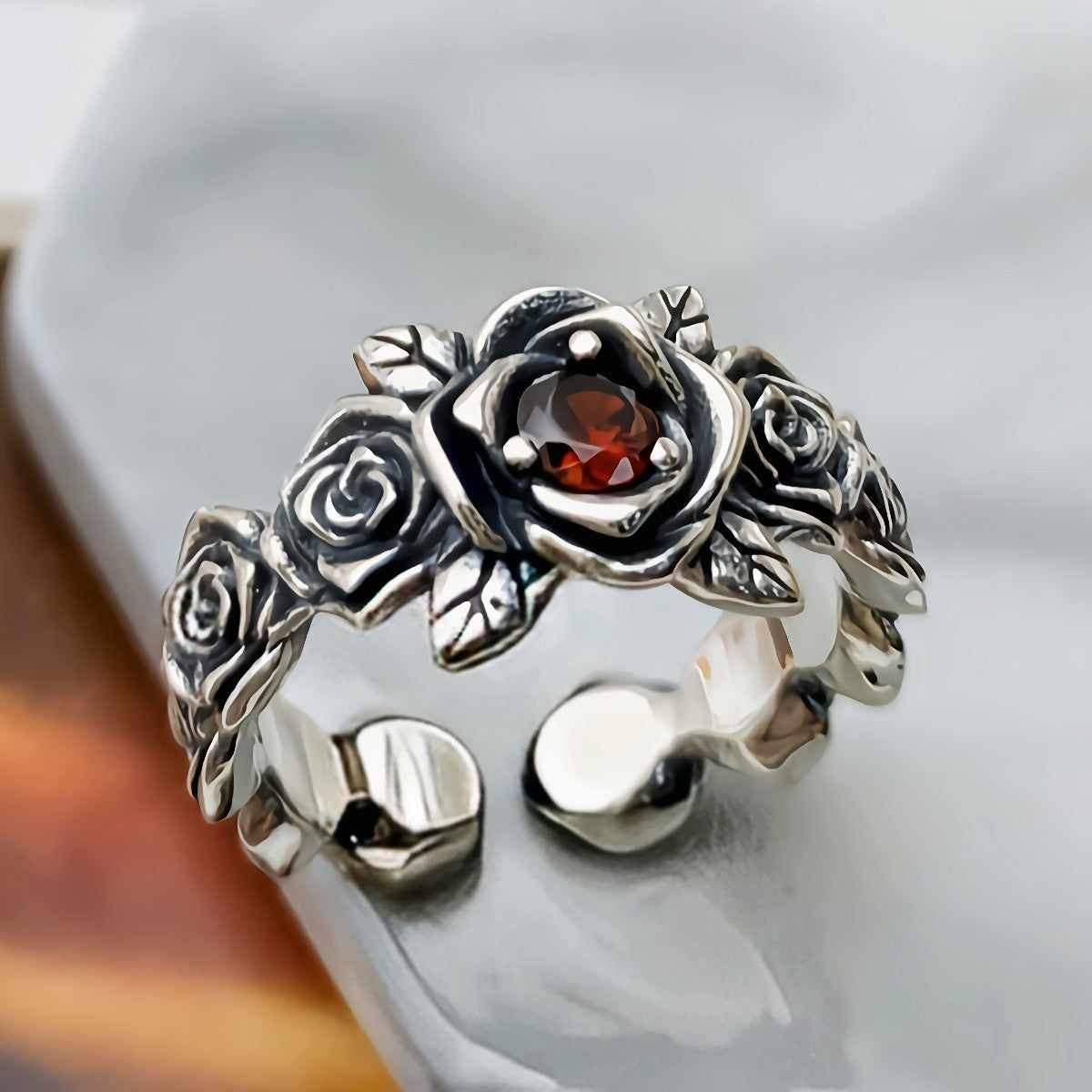 S925 Silver Vintage Red Rose Ring