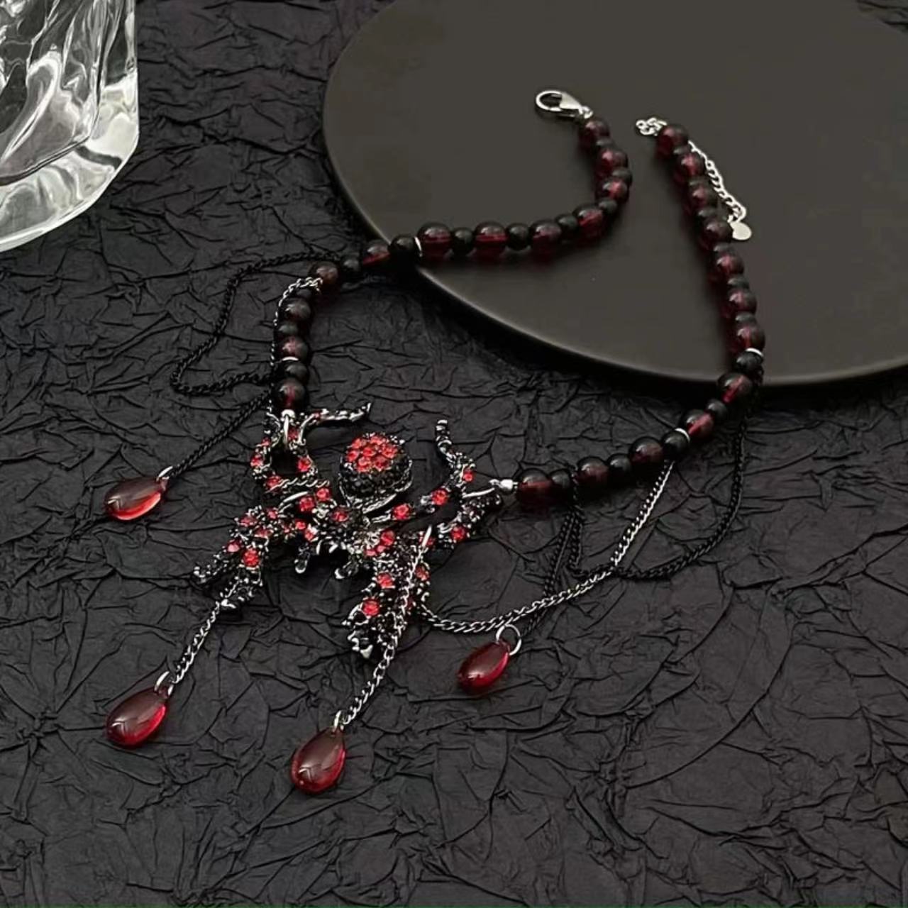 Punk Gothic Women Chic Red Spider Bead Necklace