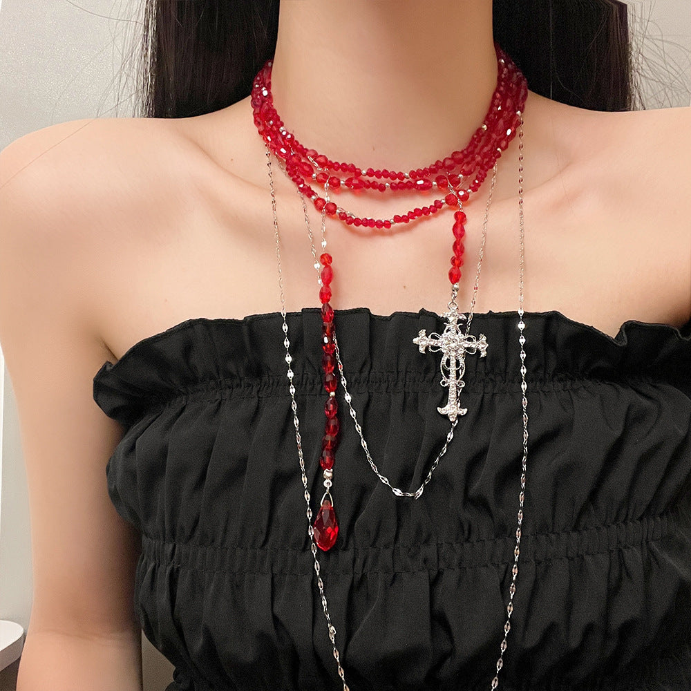 Gothic Girl Red Beads Cross Layered Necklace Choker