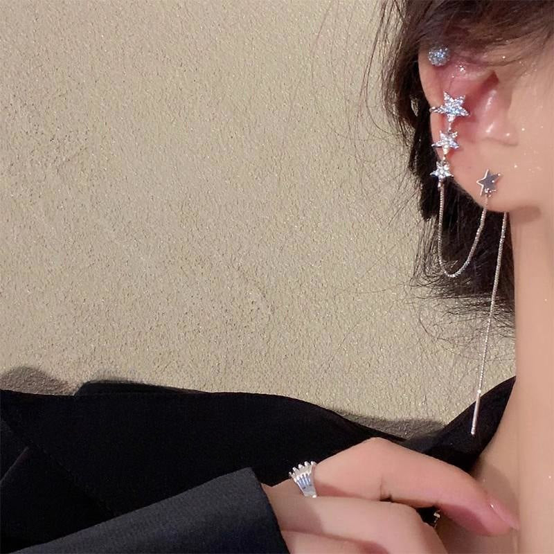 Women Shining Silver Star Tassel Ear Stud