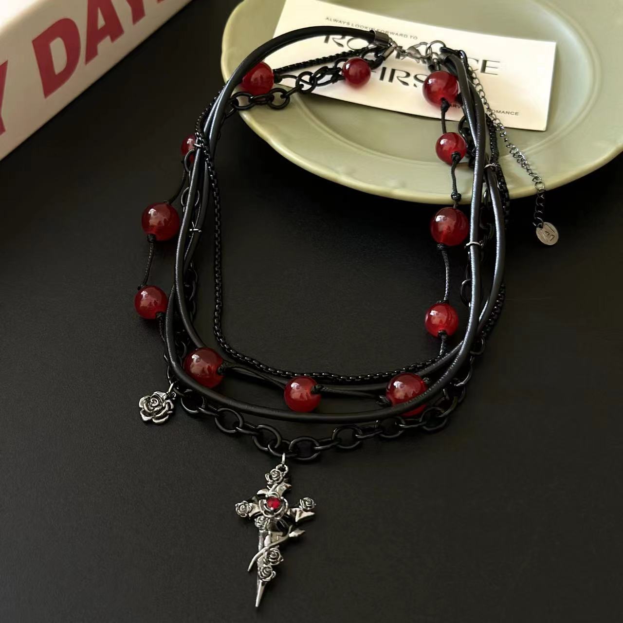 Y2K Dark Gothic Rose Cross Red Beads Choker Necklace