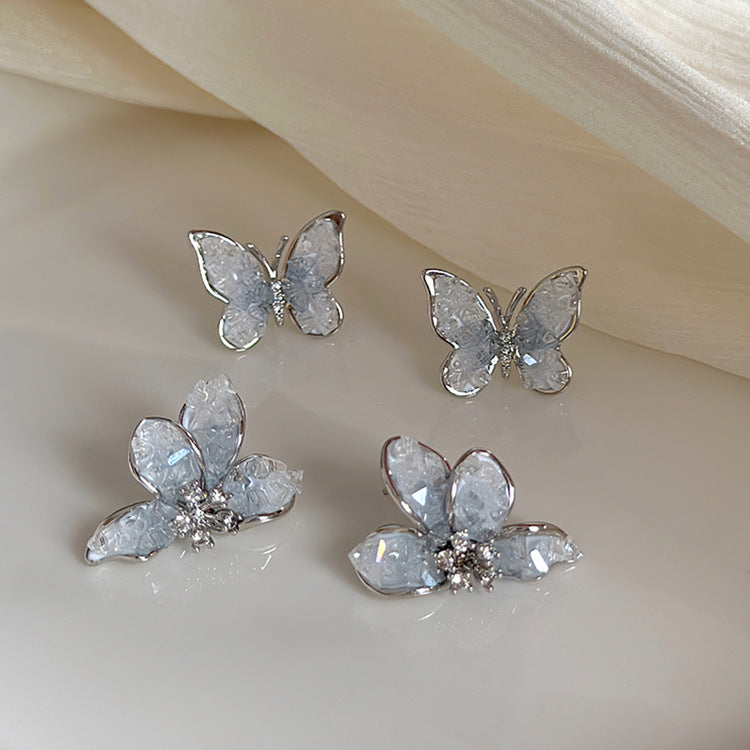 Elegant Crystal Blue Butterfly & Flower Stud Earring