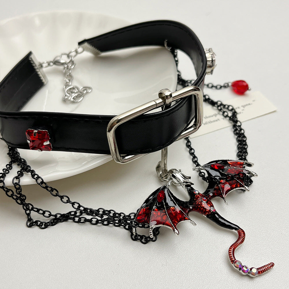 Y2K Gothic Punk Red Dragon Tassel Black Leather Choker Necklace