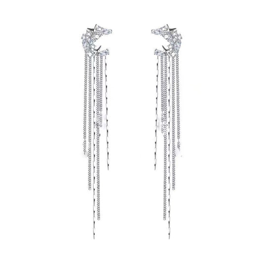 Shining Chic Women Rhinestone Moon Long Tassel Ear Cuff