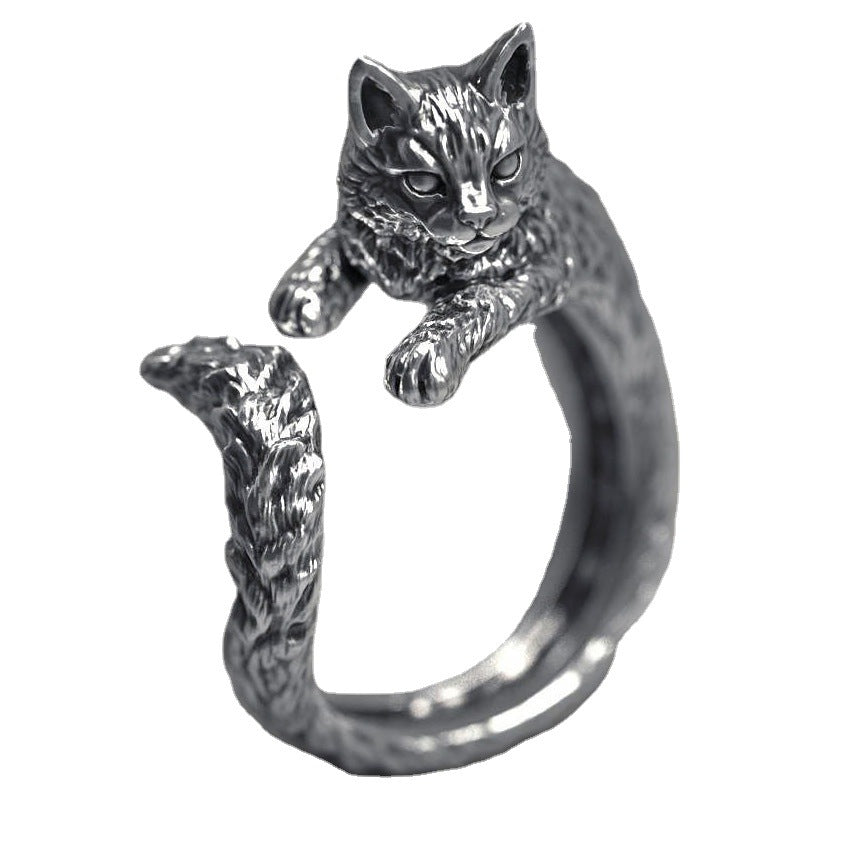 Unisex Silver Cute Retro Cat Open-end Ring