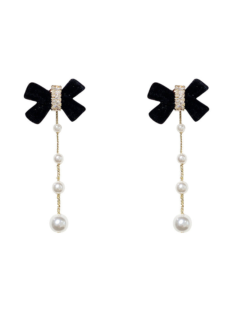 Cute Sweet Long Velvet Bow Pearl Earrings with Fringe