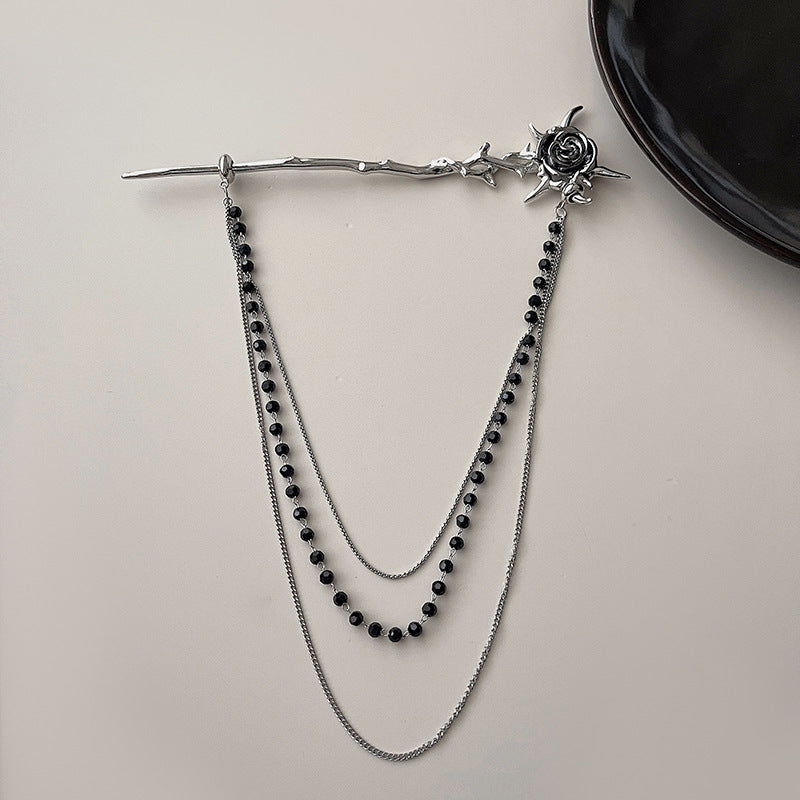 Designer Vintage Silver Thorny Rose Hairpin with  Black Beads Chain