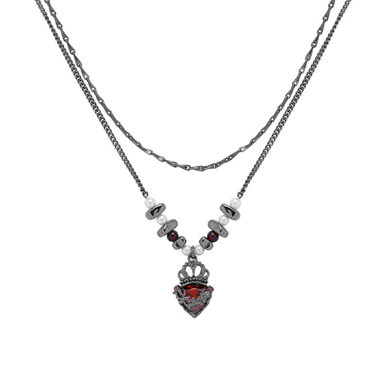 Gothic Girl Black Crown Heart Double Layer Necklace