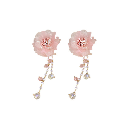 Sweet Pink Flower Crystal Tassel Earring & Choker Necklace