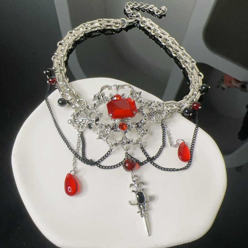 Y2K Gothic Red Rhinestone Beads Choker Necklace