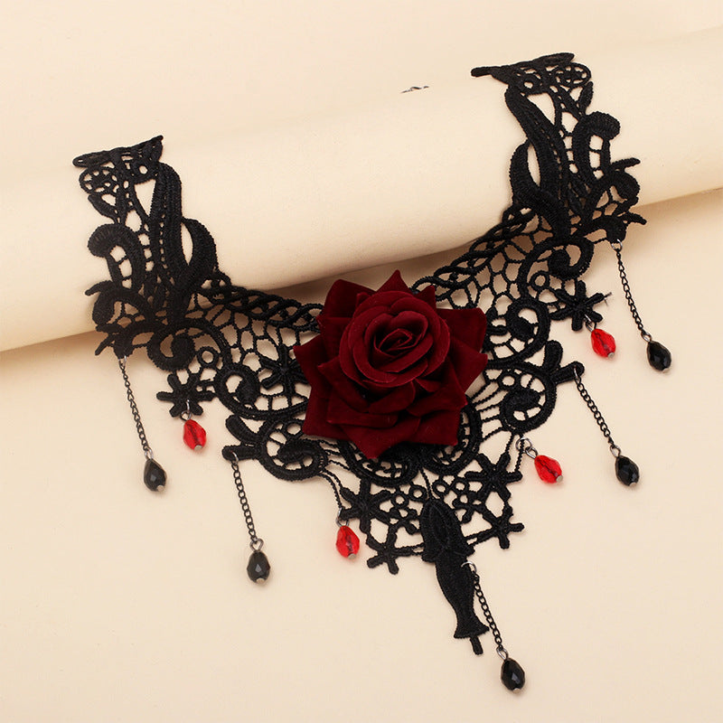 Gothic Girl Lace Red Rose Tassel Choker Necklace