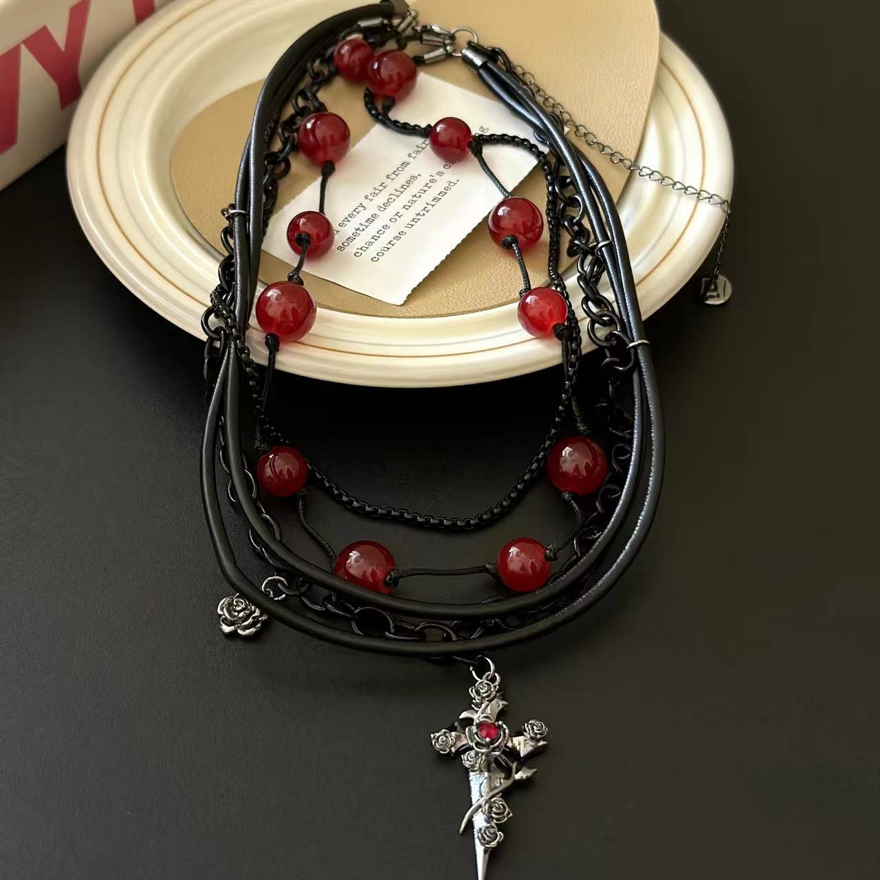 Y2K Dark Gothic Rose Cross Red Beads Choker Necklace