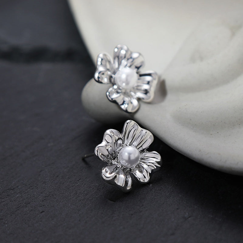 Women Sweet Silver Flower Petal & Pearl Series