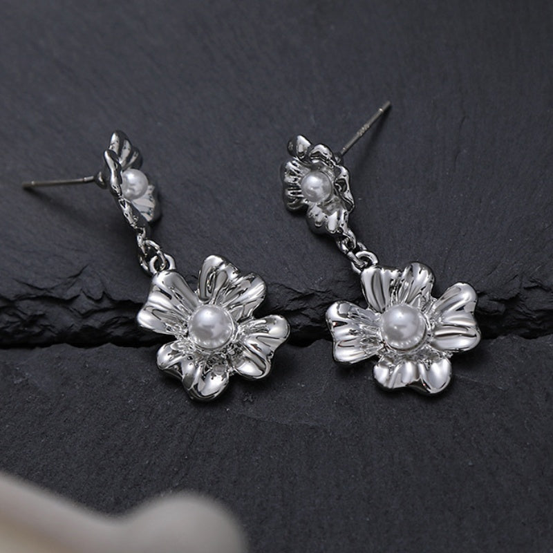 Women Sweet Silver Flower Petal & Pearl Series