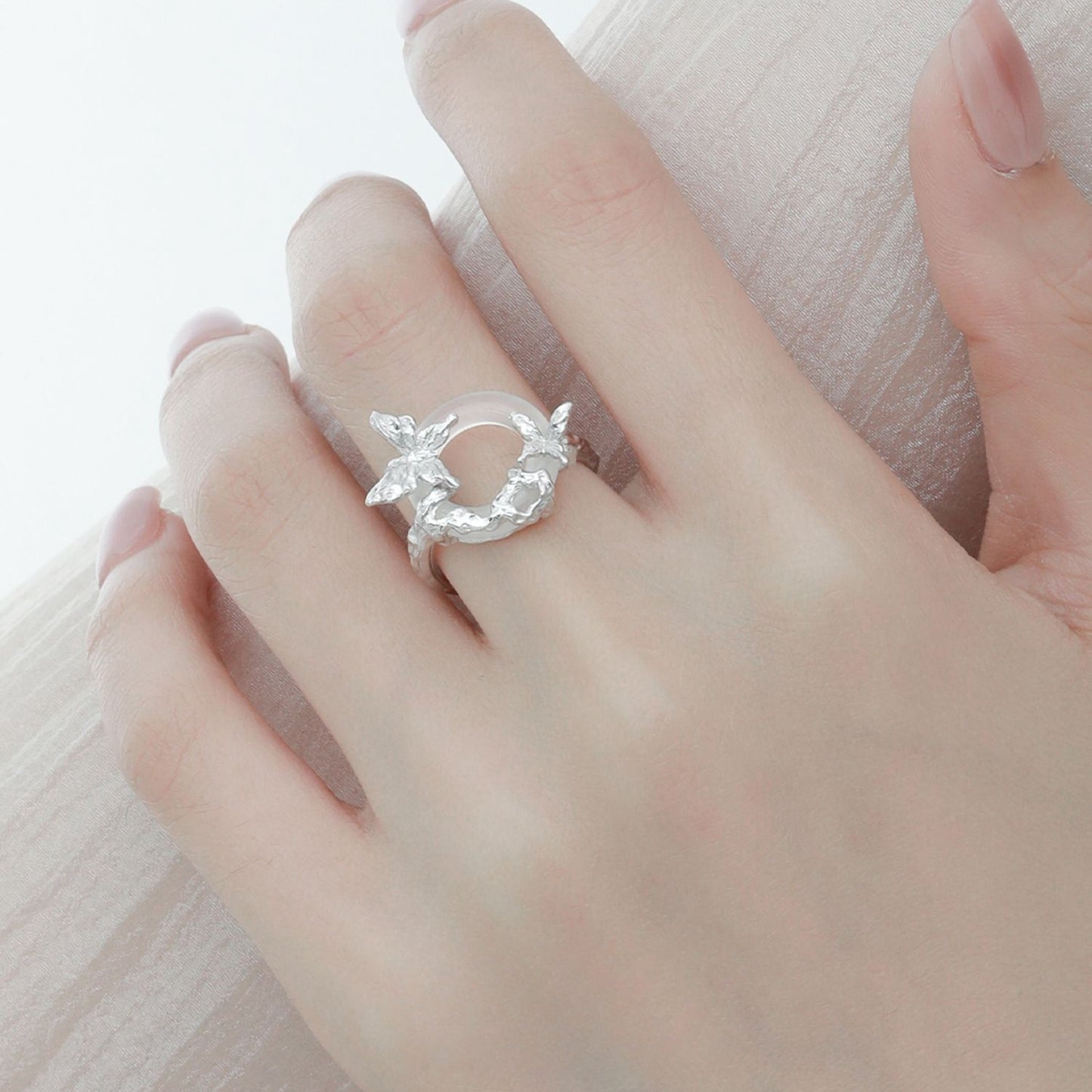 S925 Silver Butterfly White Jade Ring