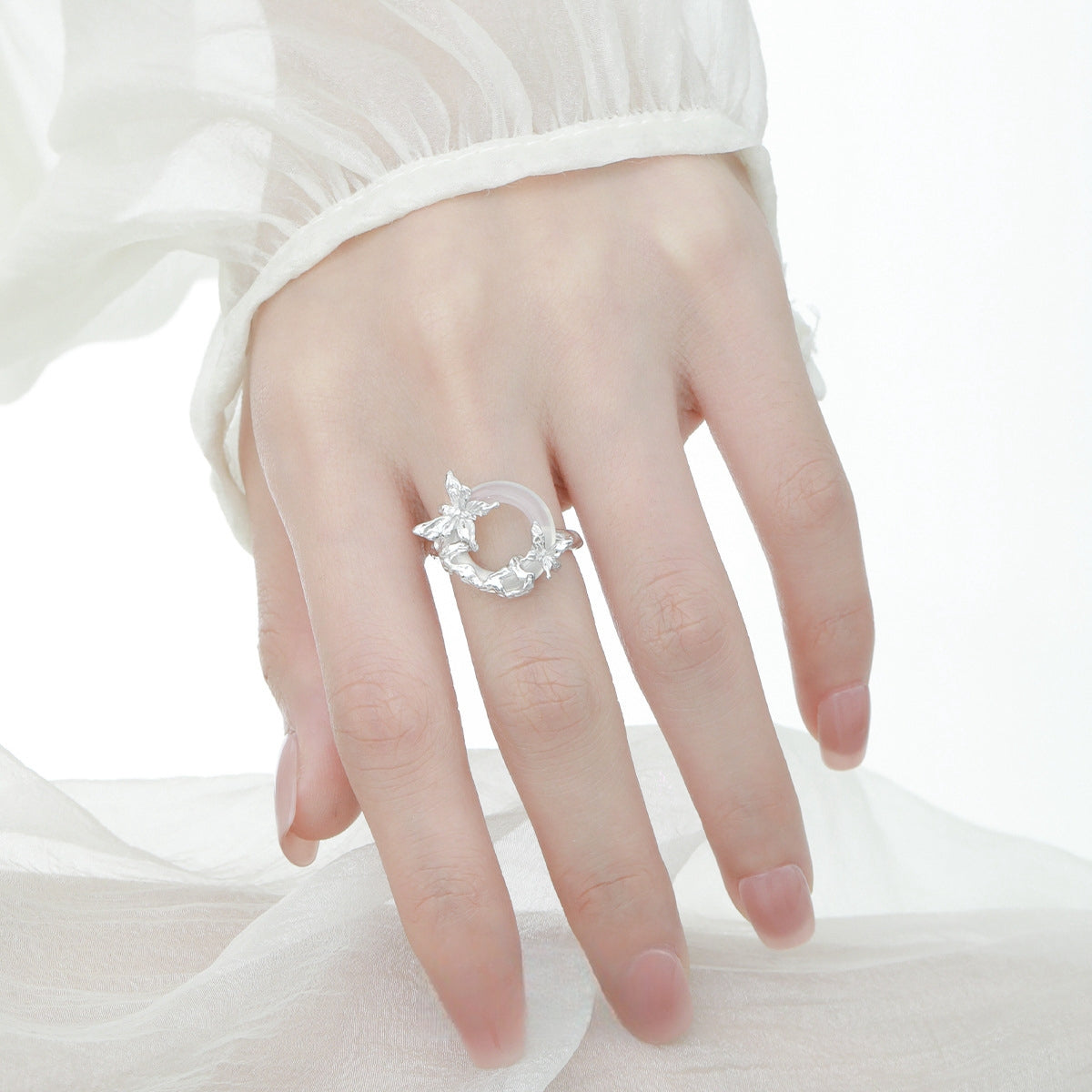 S925 Silver Butterfly White Jade Ring