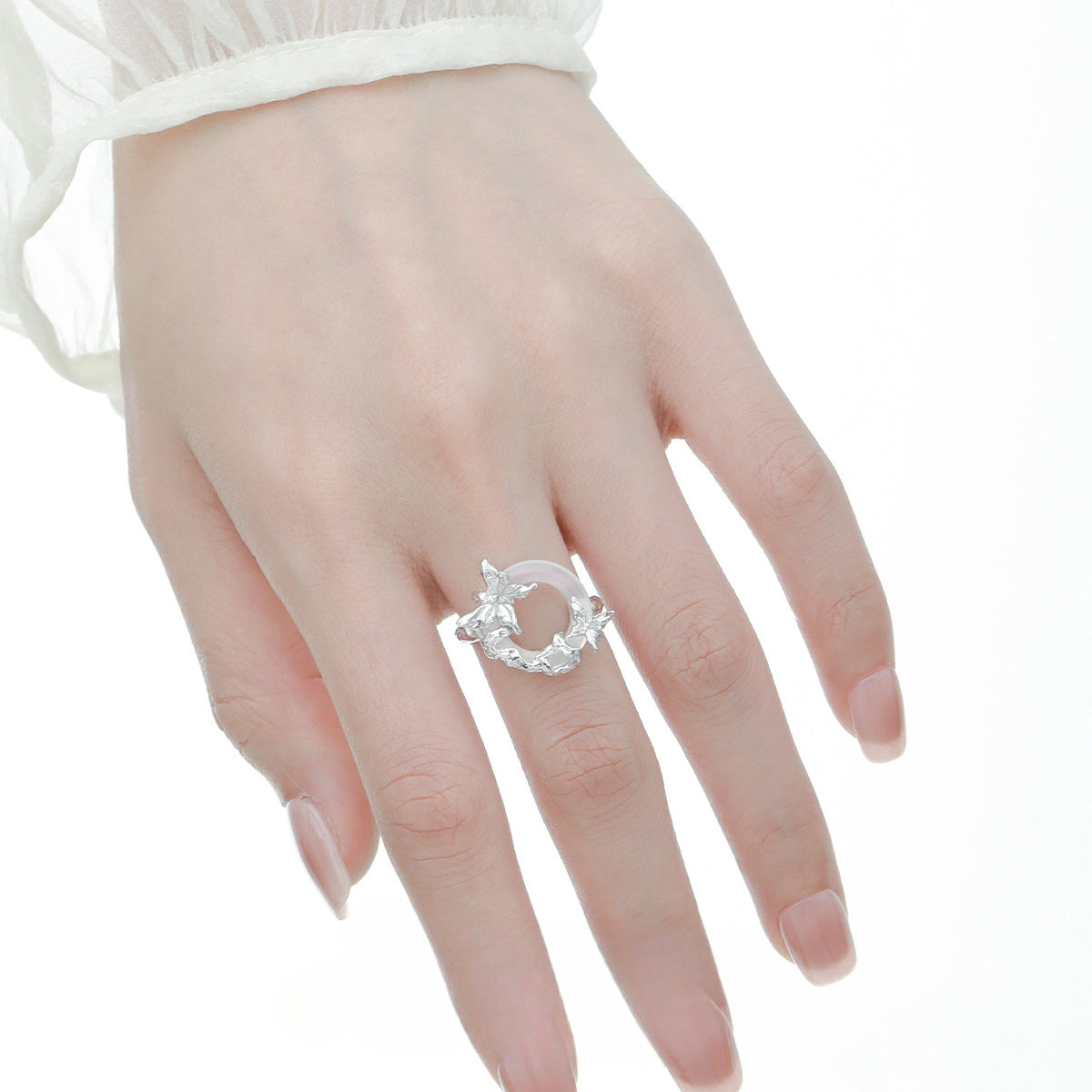 S925 Silver Butterfly White Jade Ring