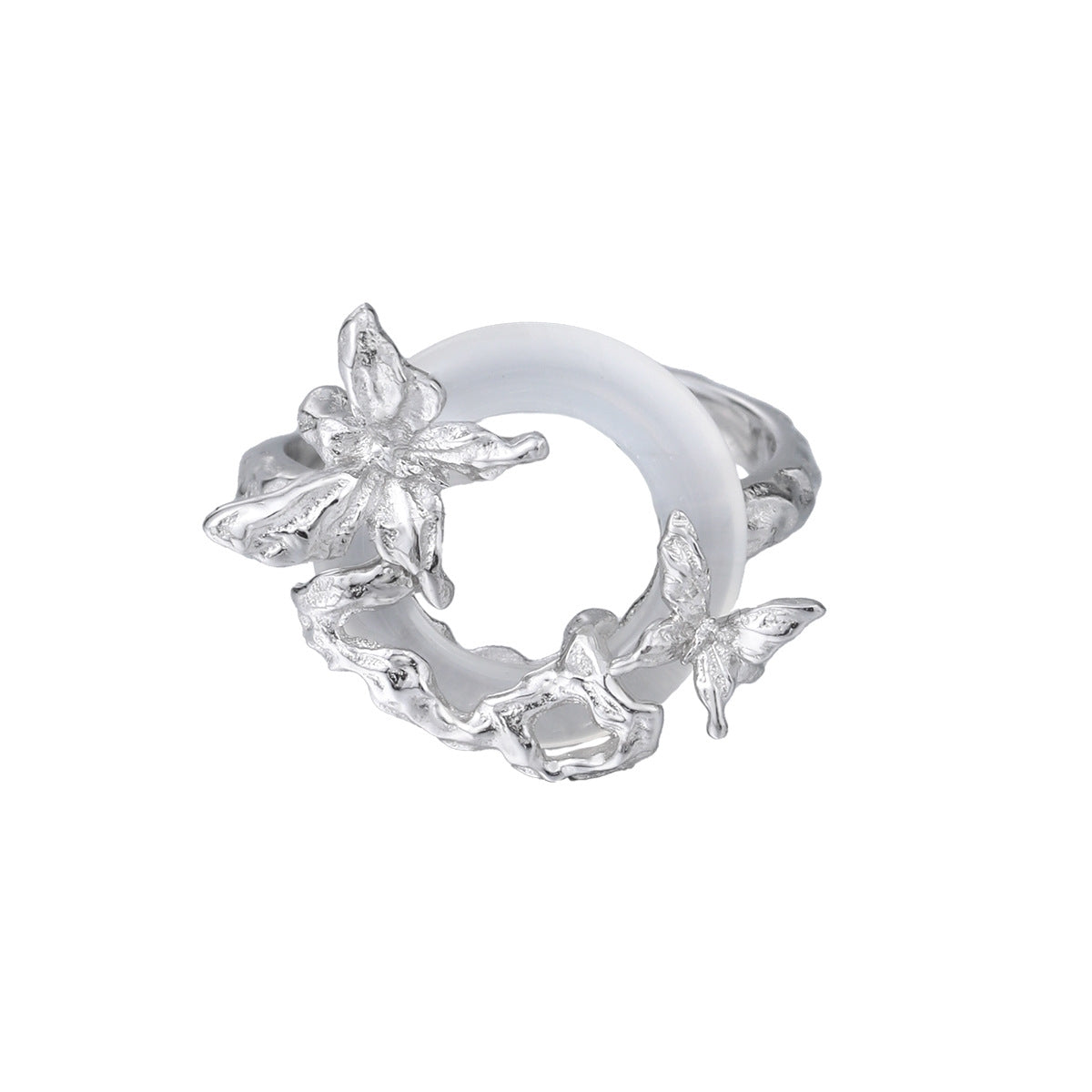 S925 Silver Butterfly White Jade Ring