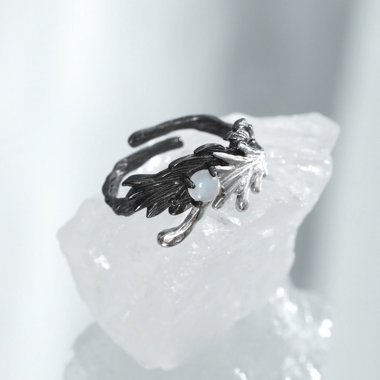 S925 Silver Black Angel Wing Feather Designer Ring