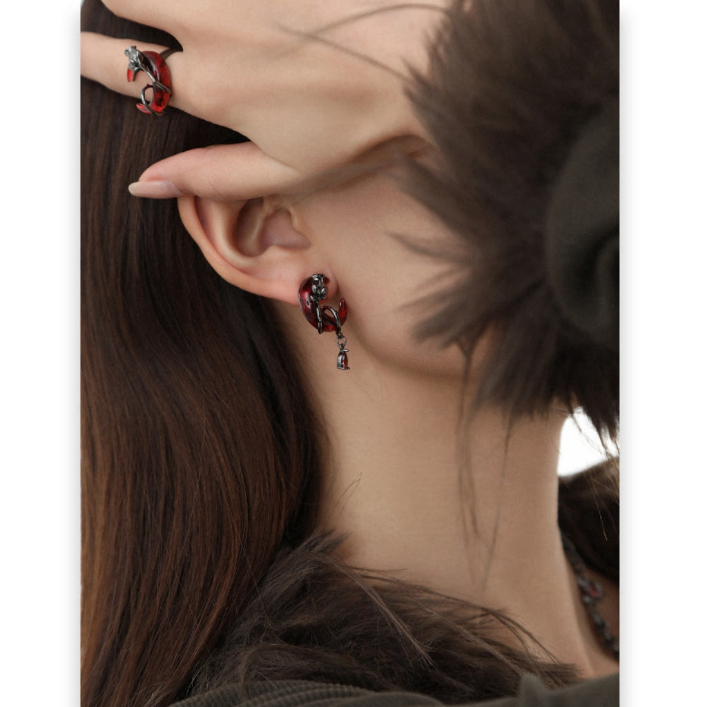 Dark Red Half Moon & Black Rose Stud Earring