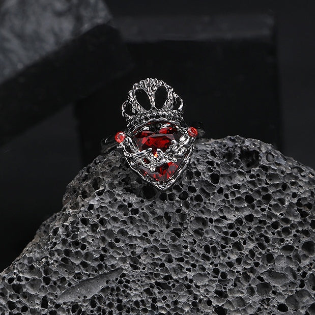 Gothic Girl Black Crown Heart Open Ring