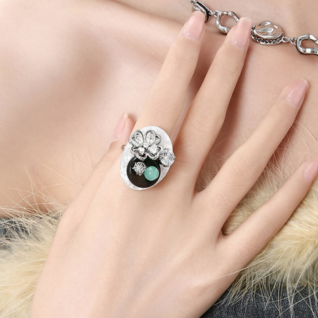 Girl Retro Flower Button Open Ring