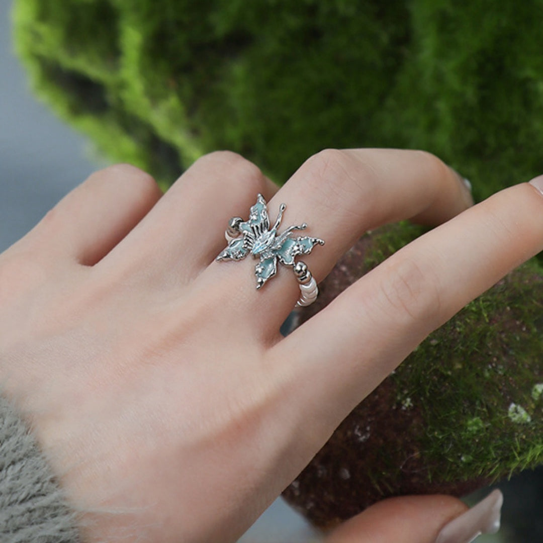 Sweet Blue Butterfly & Pearl Beaded Open Ring