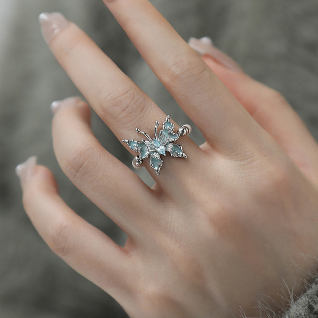 Sweet Blue Butterfly & Pearl Beaded Open Ring